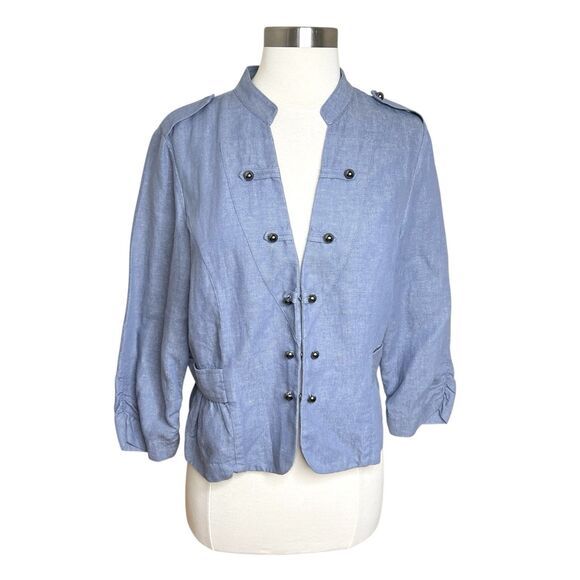Chicos Cropped Military Jacket Womens 1 Medium Blue Linen Blend Mandarin Collar - Picture 1 of 10